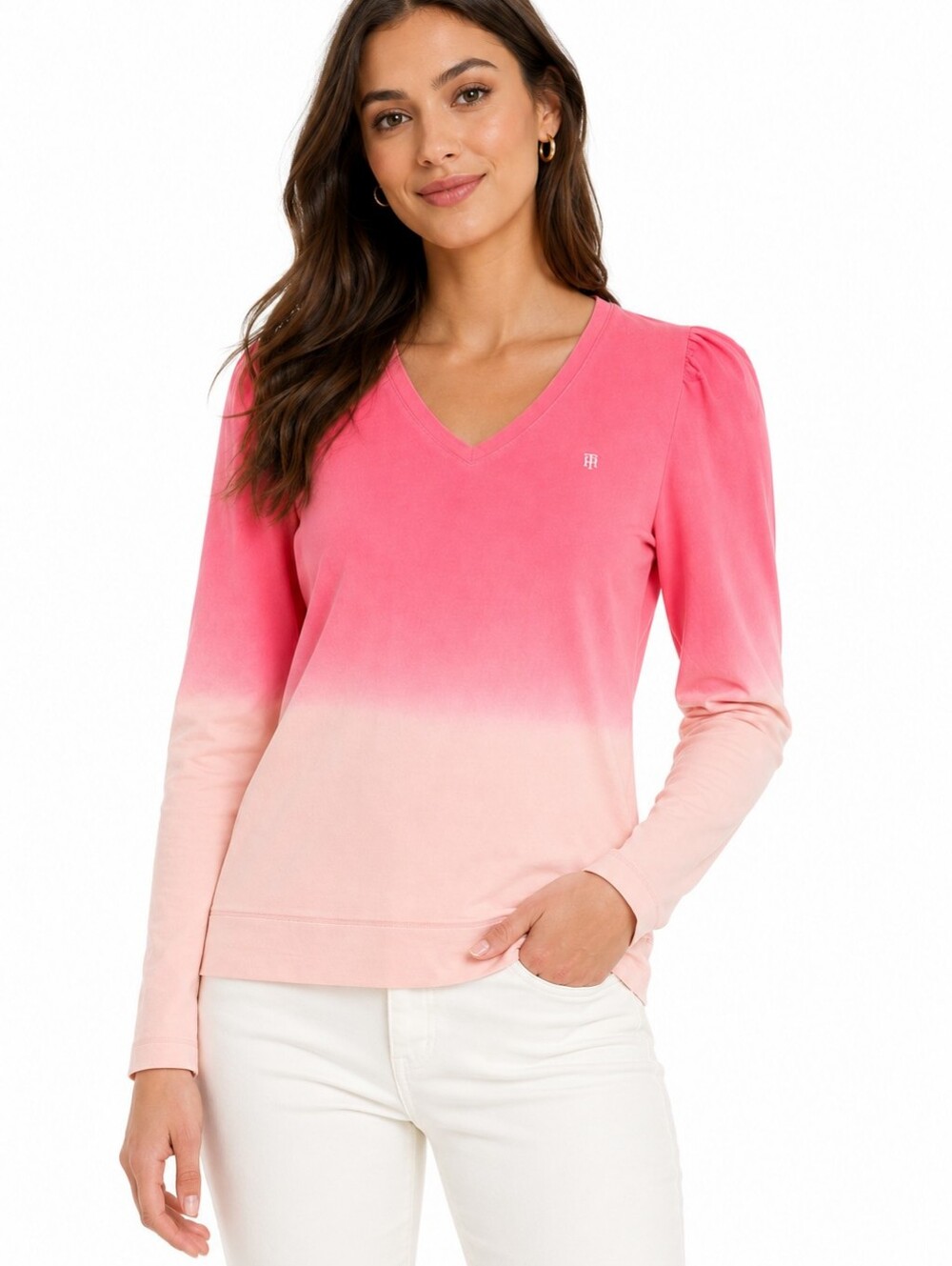 Tommy Hilfiger Pink Ombré Puff Sleeve Sweater V-Neck Lightweight Pullover